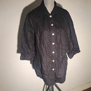 Lucy & Laurel Woman's 100% Linen Black Snap Down Top, Size: 1X